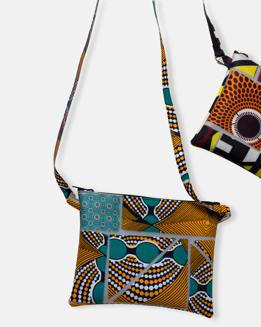 patchwork print bags with long strap
