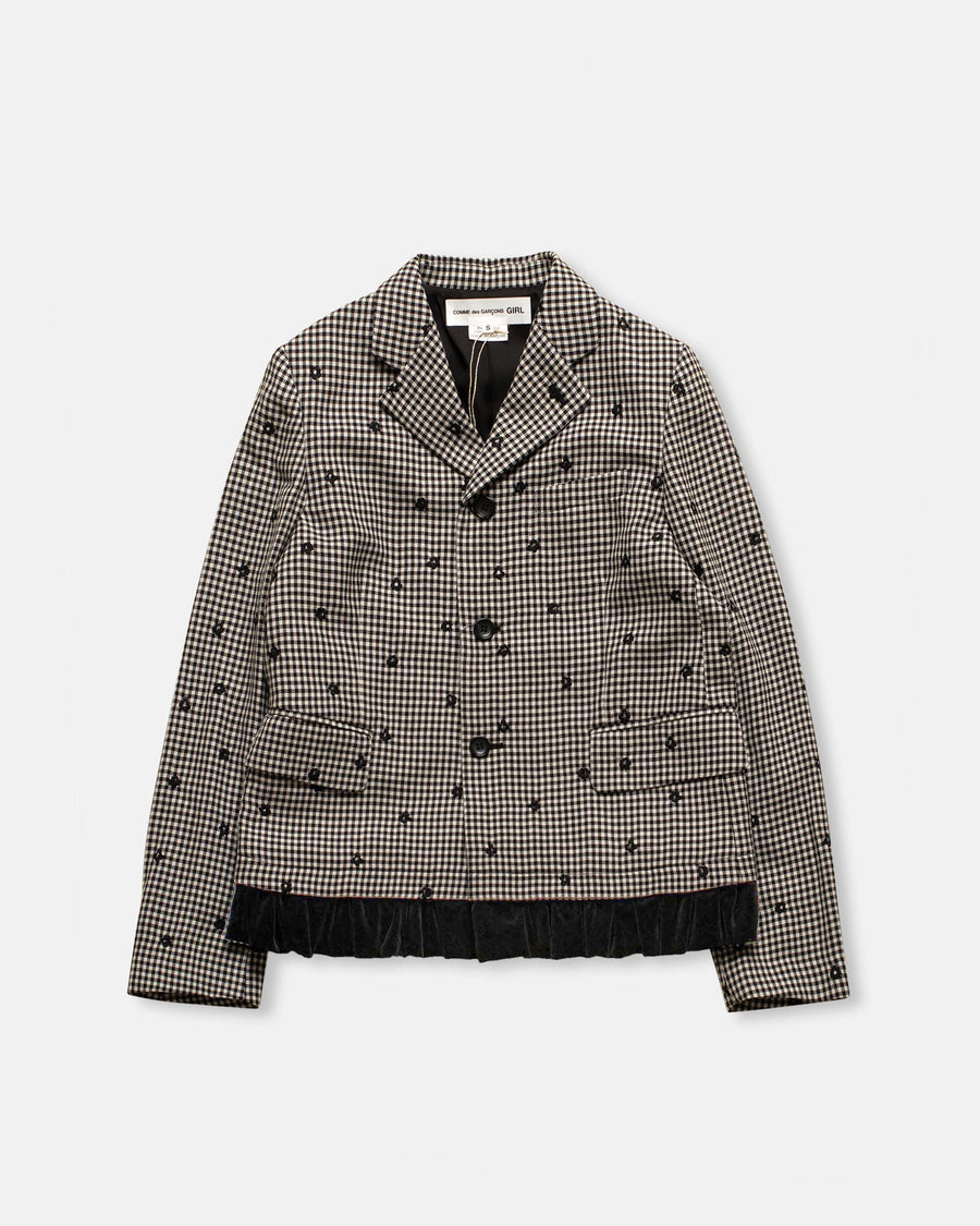 gingham check jacket with velvet trim