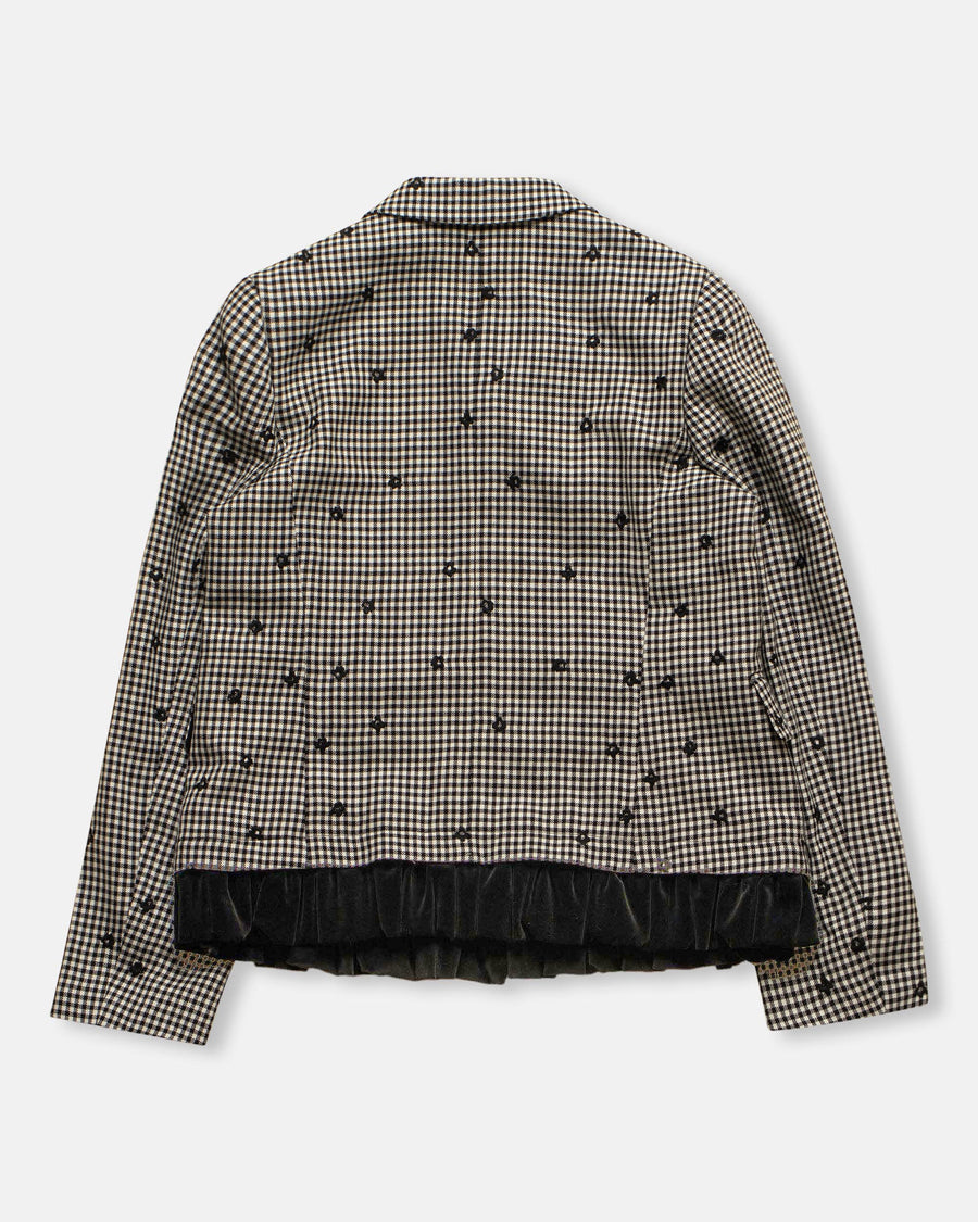 gingham check jacket with velvet trim