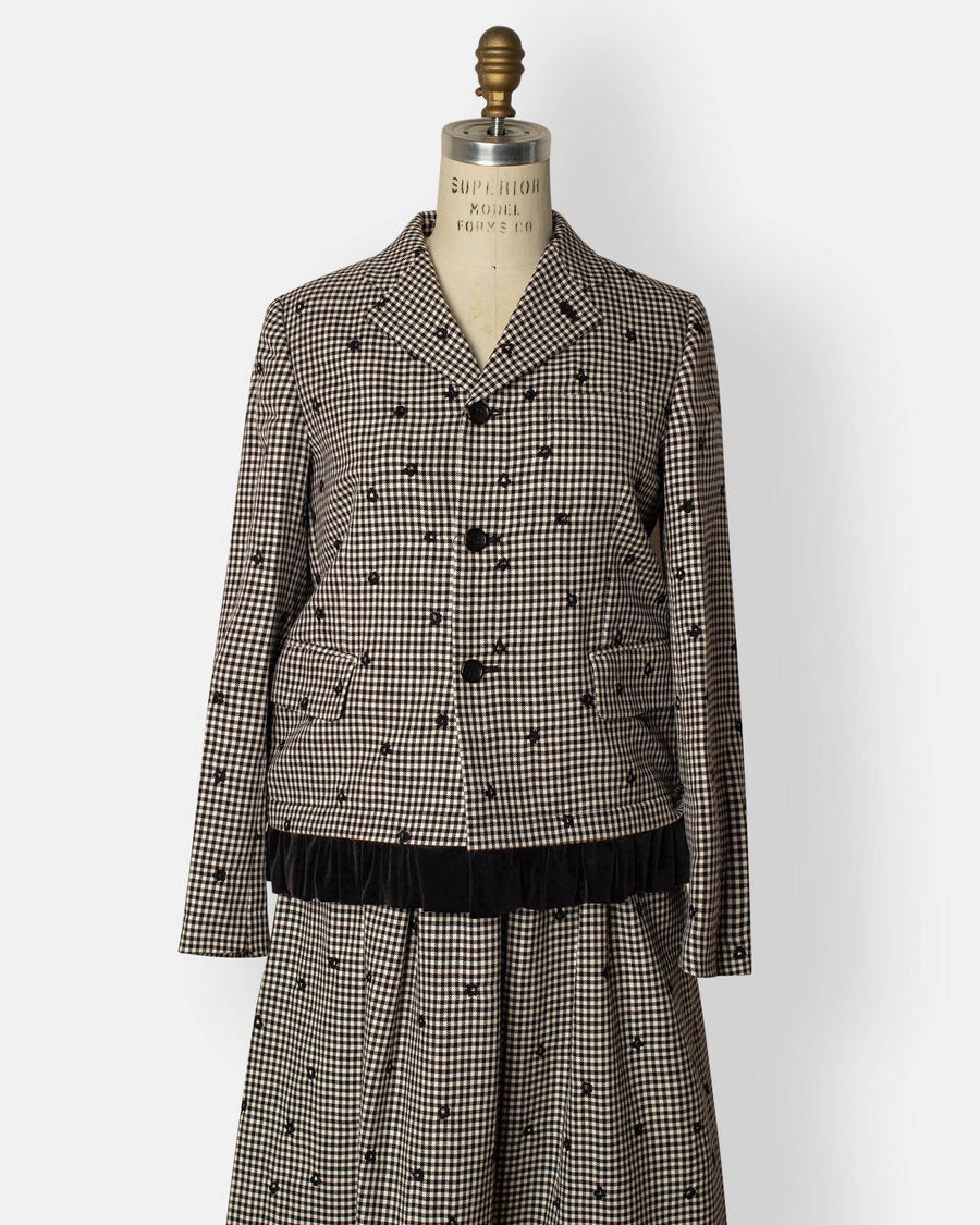 gingham check jacket with velvet trim