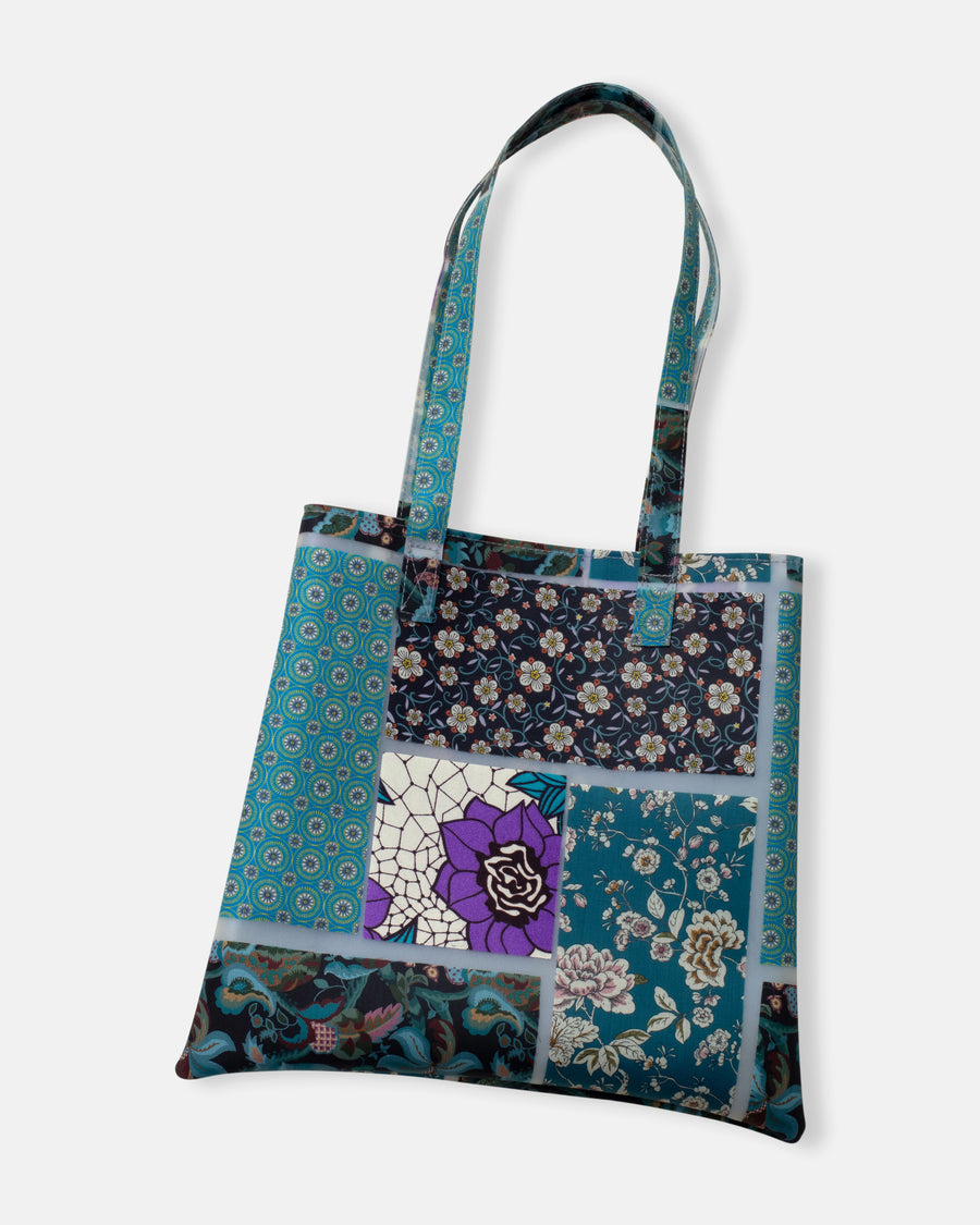 floral patchwork flat shopping bag blue