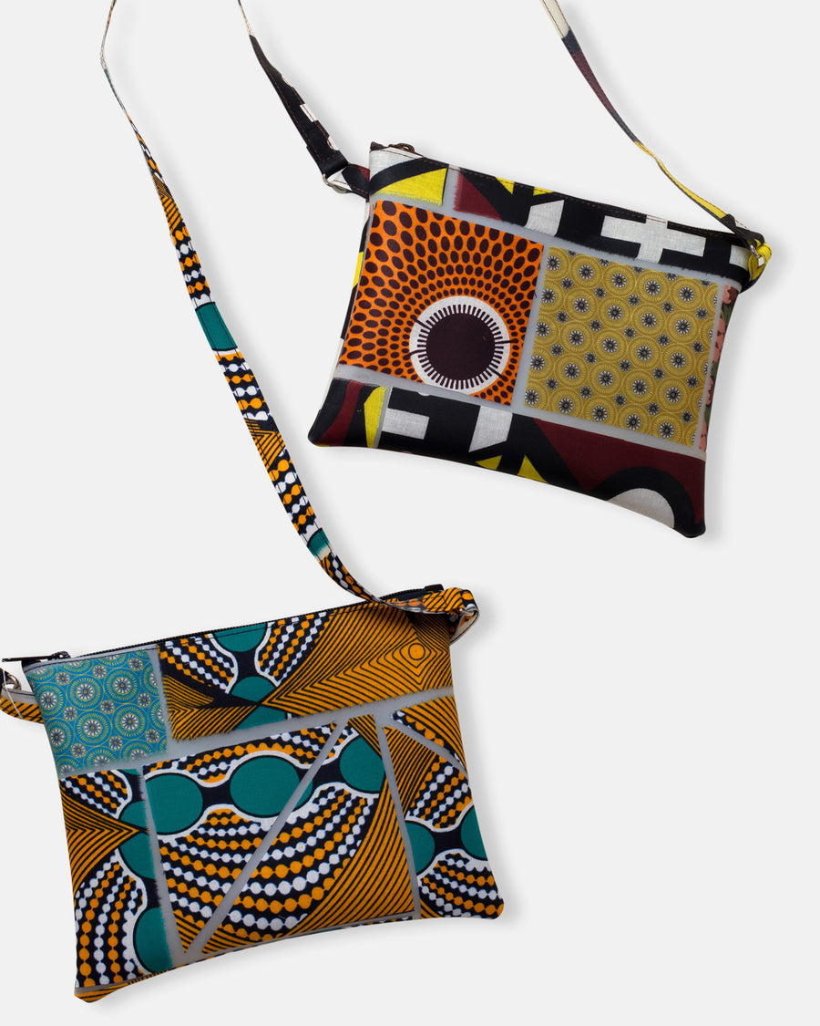 patchwork print bags with long strap