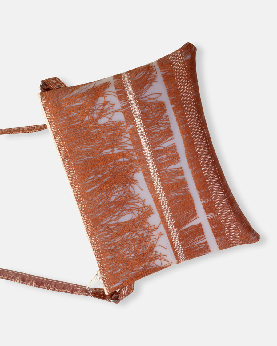 linen fringe bag with long strap