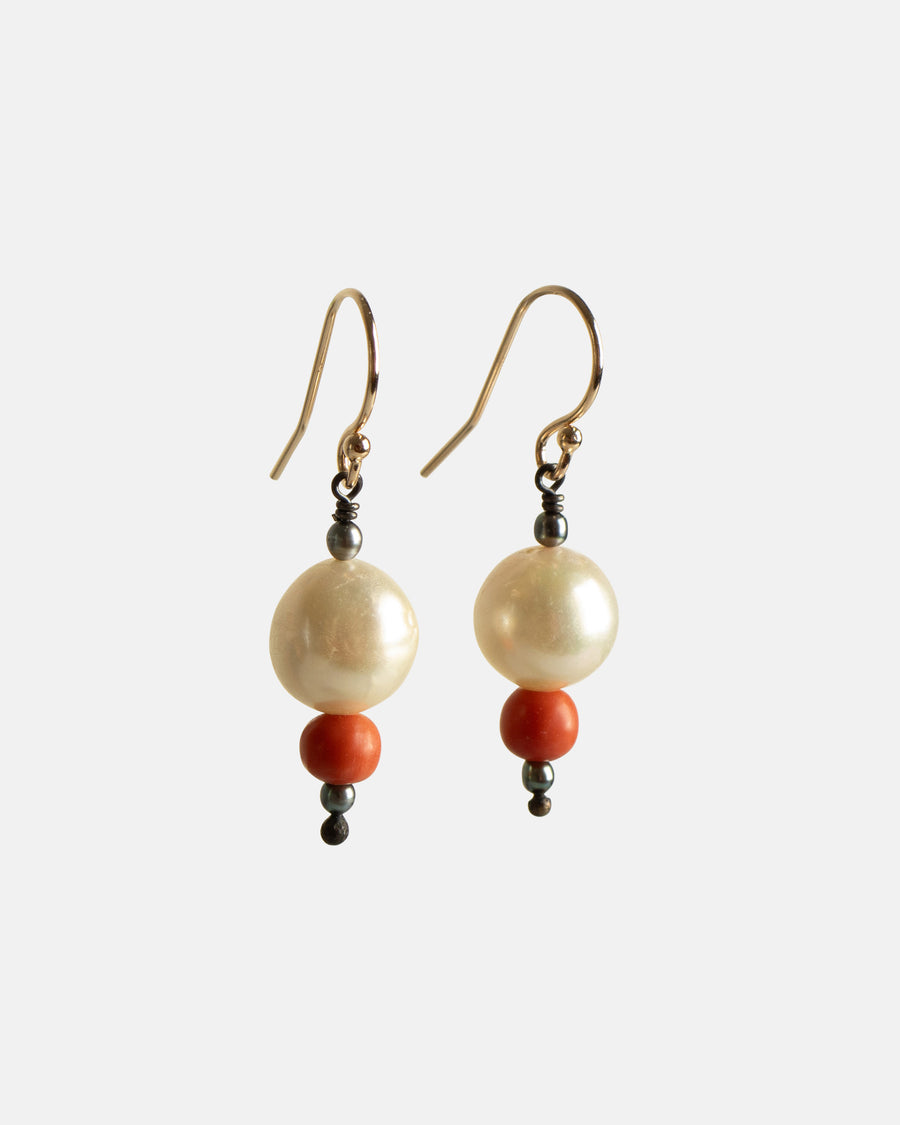 cream akoya pearl & coral 4-part earrings