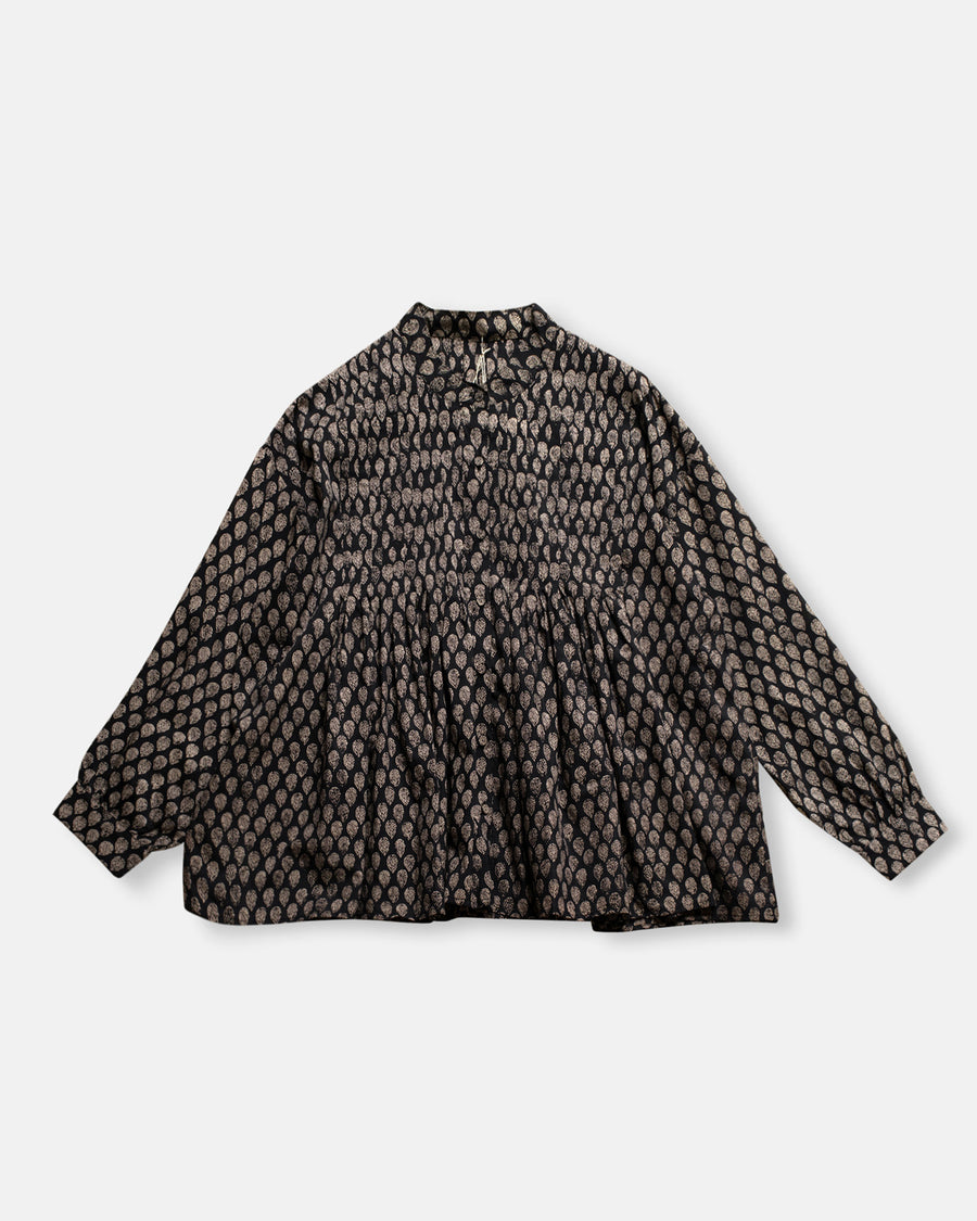 leaf print banded collar shirt