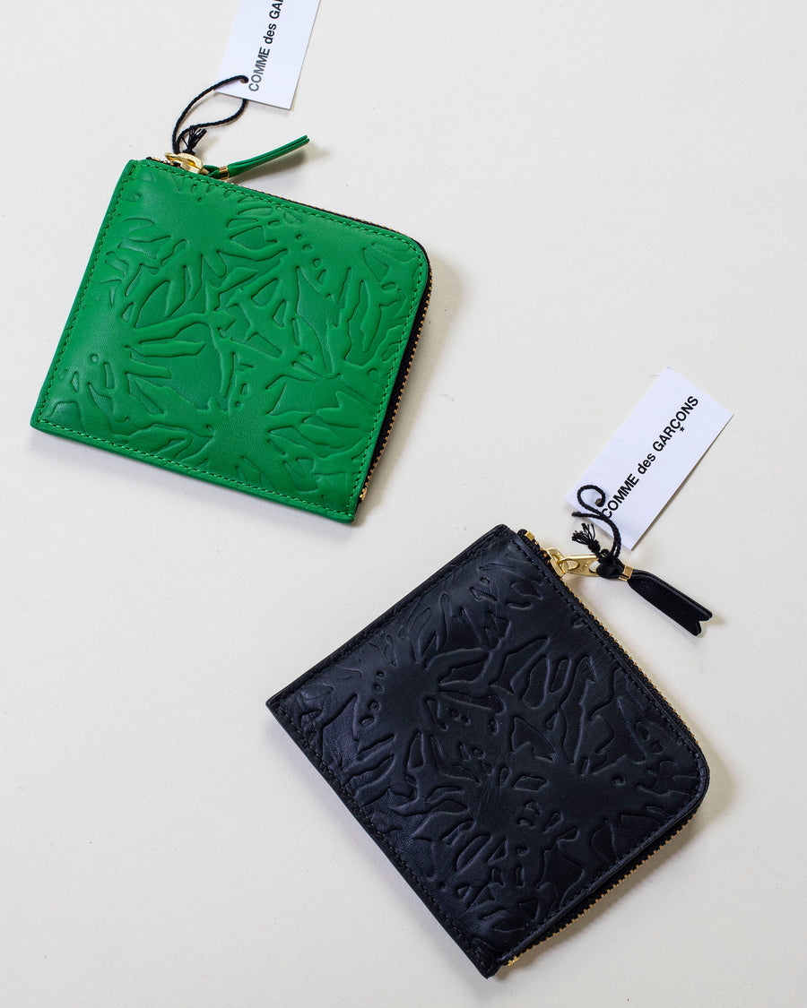 comme des garçons embossed forest half zip wallet • colors: green & black • embossed leather • zip closure • gold toned hardware  • 4 1/4