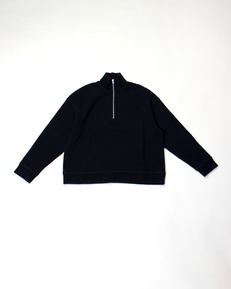 sunspel zip sweatshirt • color: black • made in cotton french terry • zip front turtleneck • dropped shoulder • rib trim at cuff and hem • also available in natural 100% cotton with 95% cotton / 5% elastane. made in portugal.