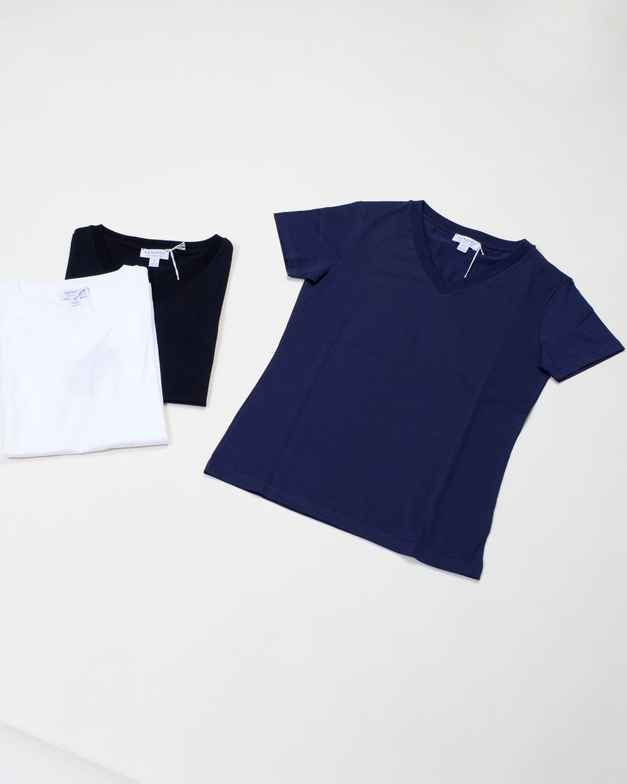 sunspel vee neck t-shirt • colors: white, black & navy • made in supima cotton jersey  • vee neckline  • short sleeves 100% cotton. made in england.